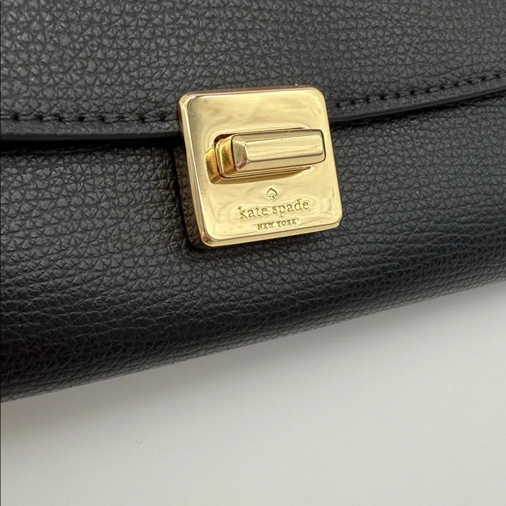 Kate Spade Phoebe Refined Grain Leather Turnlock Wallet On A Chain Black Gold